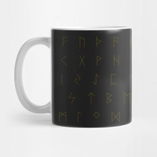 Futhark Rune Alphabet Stickers in Burnt Wood and Green Sap Mug